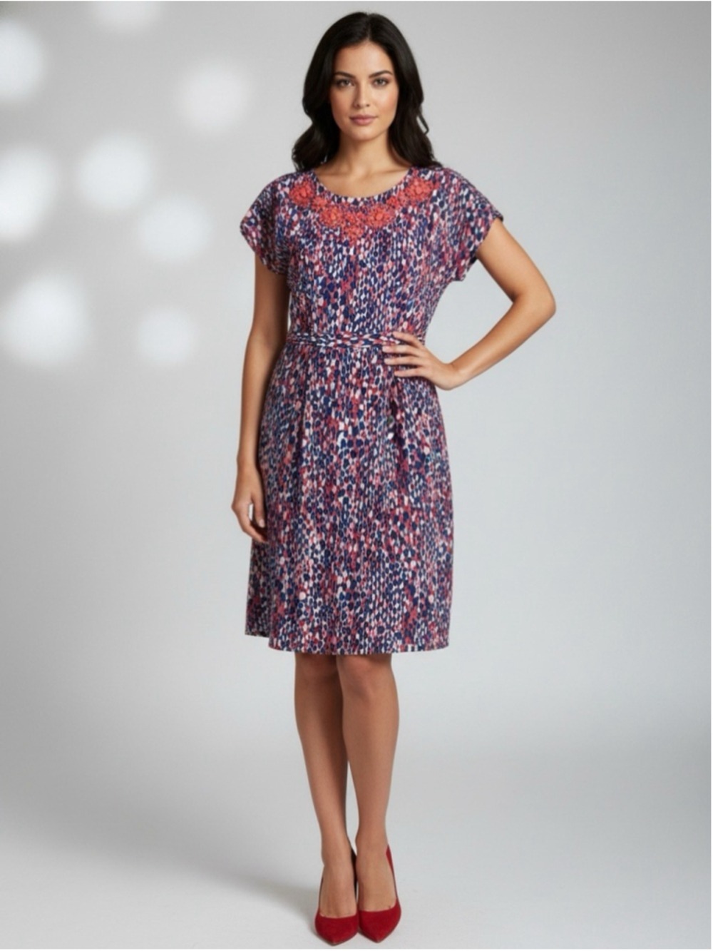 Boden Cara Dress Embellished Beaded Neck Abstract Viscose US 8L Midi Coral Blue